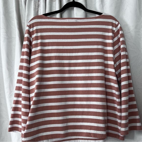 J Crew Basic Boat Neck Preppy Stripe 3/4 Cotton Tee in Tan and White size Large - Picture 3 of 12